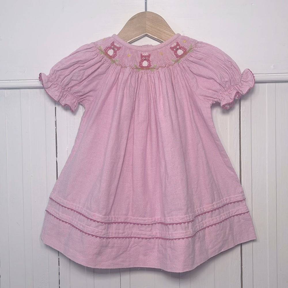 VIVE LA FETE 100% Cotton Pink Gingham Smocked Owl Dress